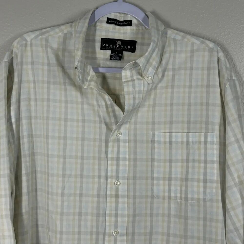 Consensus Sportswear Mens Large Plaid Long Sleeve Button Down Wrinkle Free Shirt